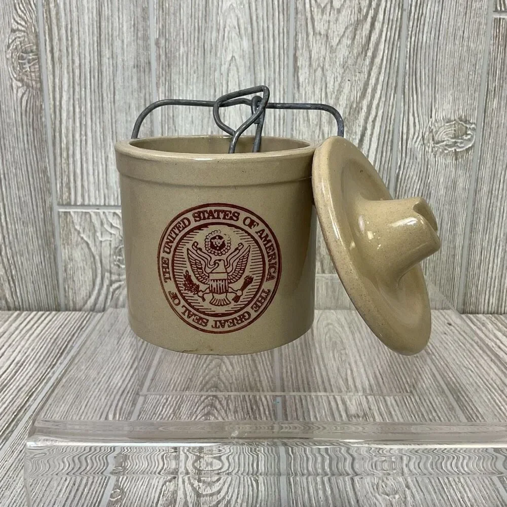 Vintage Crock With Wire Bale Lid Cannister Imprinted Great Seal of the USA